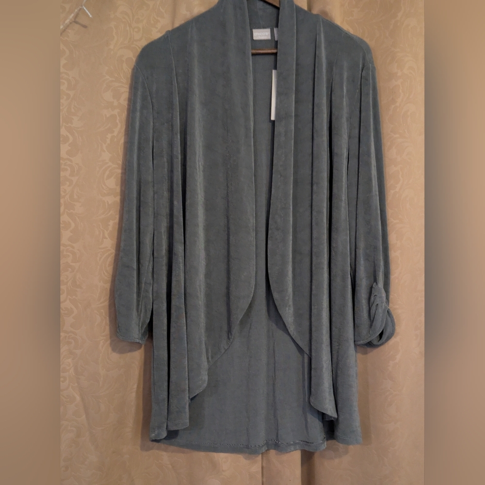 NWT Chico’s Travelers Pleat Sleeve Acetate Jacket Gray Open Front Cardigan